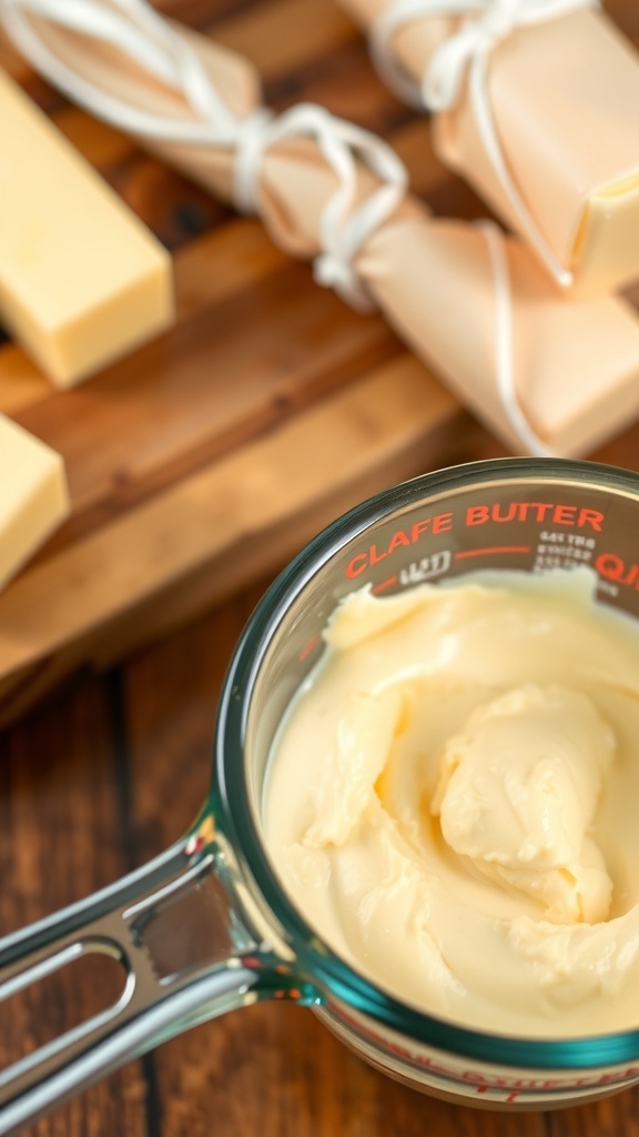 Butter Measurement Conversion: 60 Grams to Cups A measuring cup with butter on a wooden cutting board.